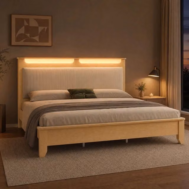 Letto matrimoniale con testiera LED illuminata e contenitore in legno e velluto a coste beige con rete a doghe