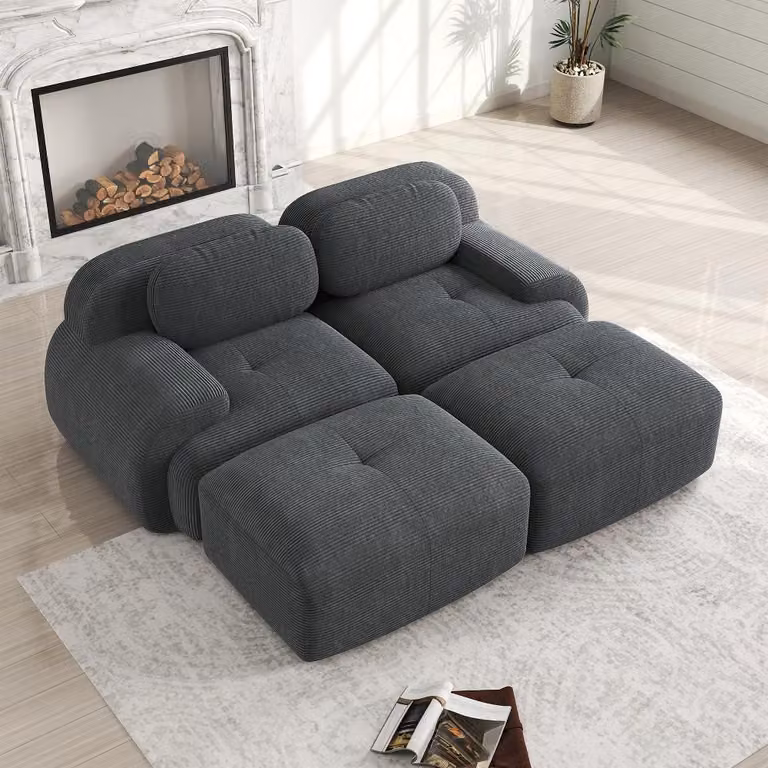 Divano a due posti, colore grigio, modello componibile ad angolo, senza struttura, combinabile come divano lineare con chaise longue, dimensioni 208x178x70 cm, imbottitura in schiuma ad alta densità (32D)