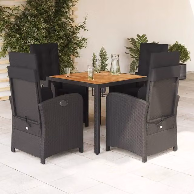 Set da Pranzo da Giardino 5 pz Nero con Cuscini in Polyrattan 3212475