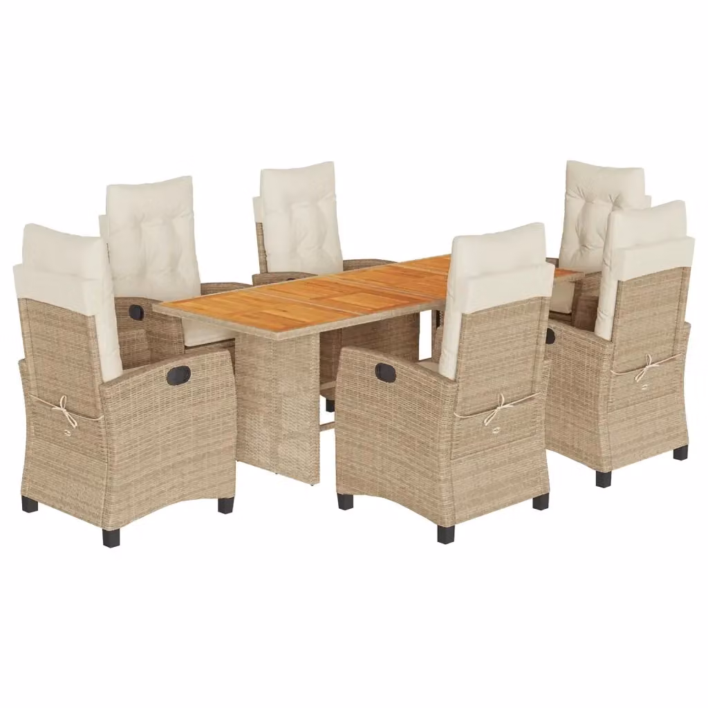Set da pranzo da giardino vidaXL in polyrattan e legno di acacia con 7 pezzi e cuscini beige e bianchi – 2