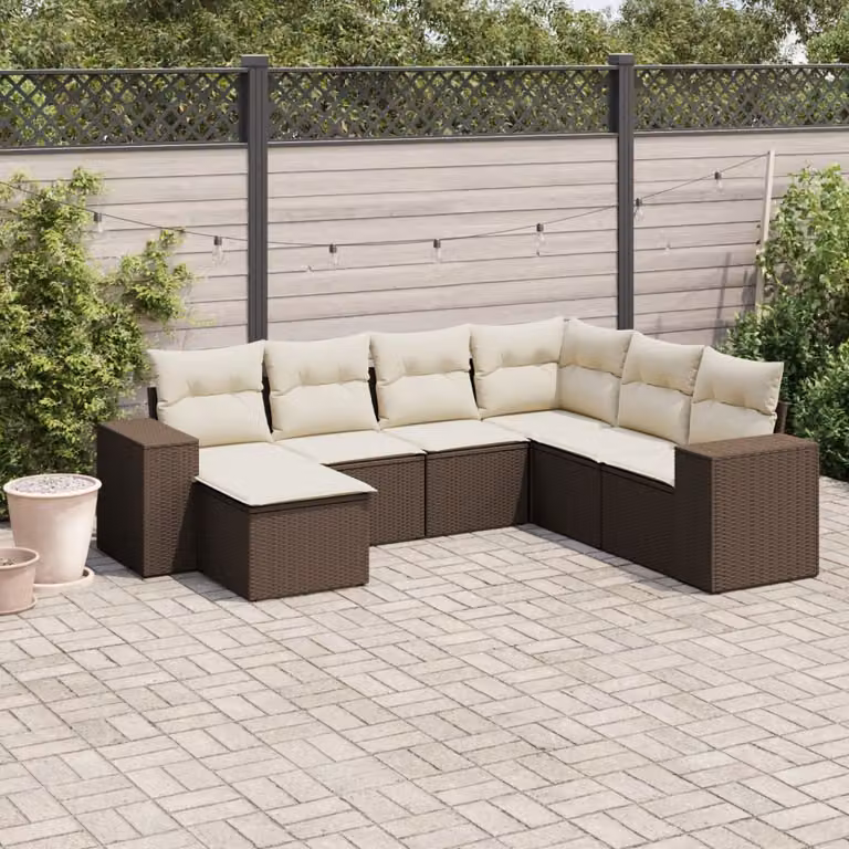 vidaXL Set Divani da Giardino 7 pz a Forma a L in Polyrattan Marrone con Cuscini Bianchi
