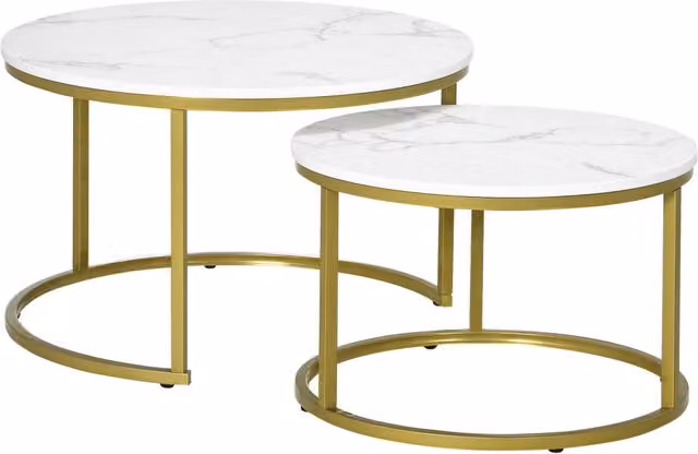 Set di 2 tavolini da salotto rotondi impilabili Xylo in acciaio e truciolato bianco e oro L/P/H: 74 x 46 x 59 cm e 59 x 38 x 15 cm