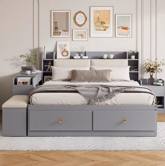 Letto contenitore 140x200 cm in legno grigio con contenitori e testiera, senza materasso