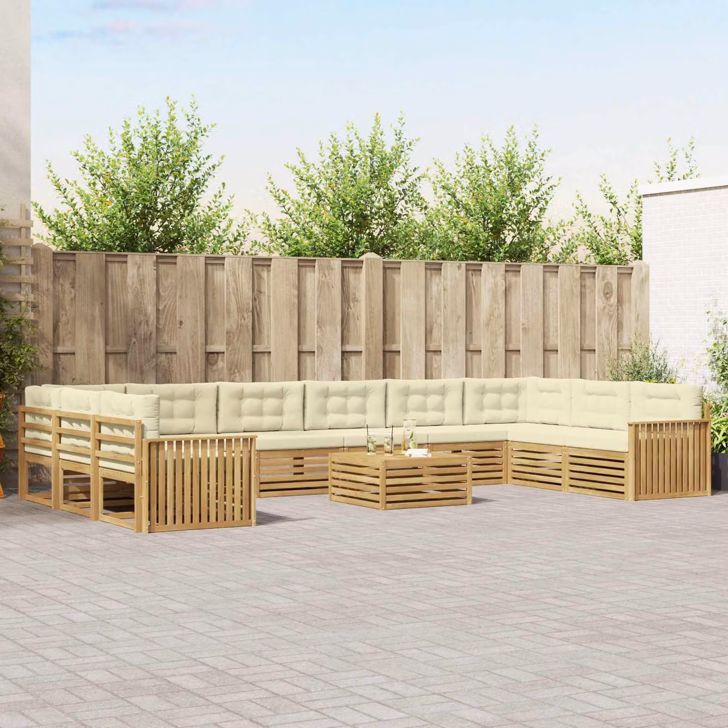 Set di divani da giardino vidaXL a forma di U composto da 11 pezzi in legno di acacia marrone con cuscini beige e tavolino da esterno