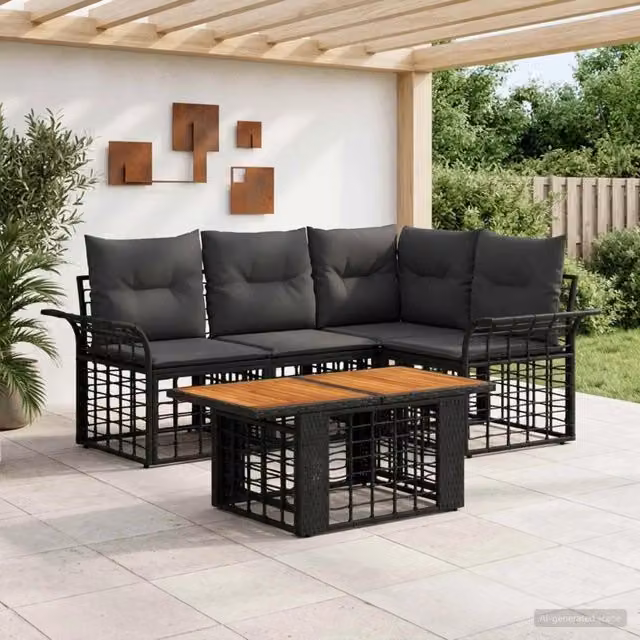 Set Divano da Giardino 5 pz Nero e Grigio scuro polyrattan 3437975
