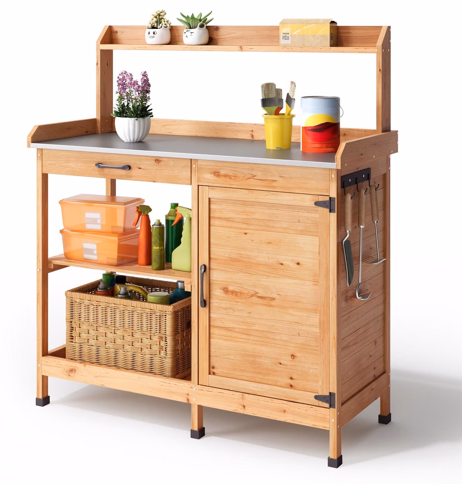 Banco da lavoro per il giardino - Tavolo da lavoro per giardinaggio - Tavolo per piante con spazio di stoccaggio - Mobiletto da giardino con ripiani