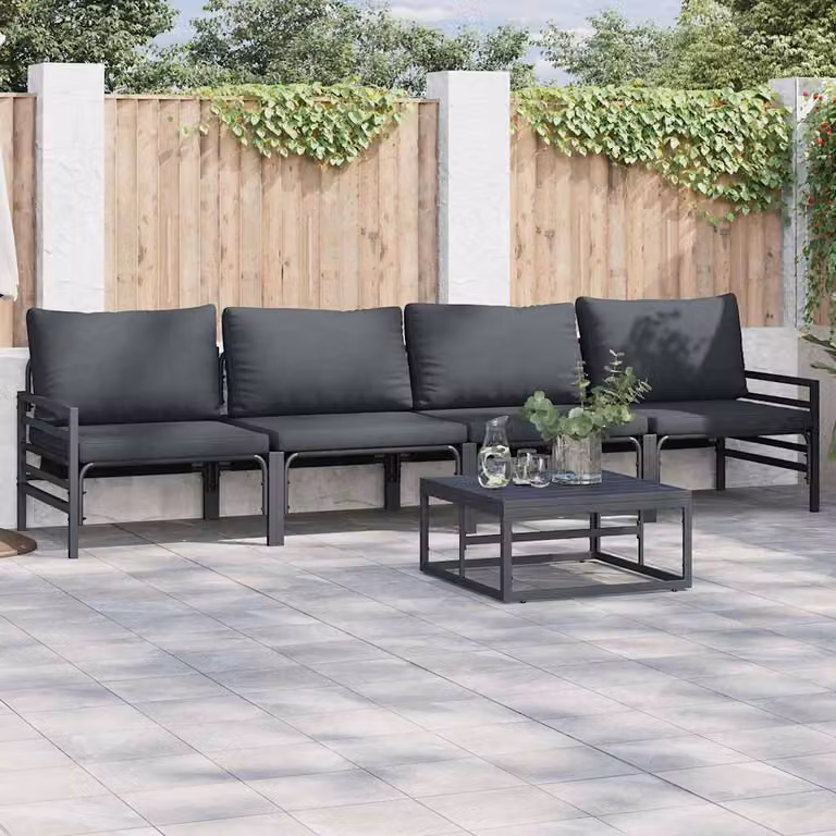 Set Divano da Giardino vidaXL 5 Pezzi in Acciaio Verniciato Antracite con Cuscini Imbottiti e Tavolino