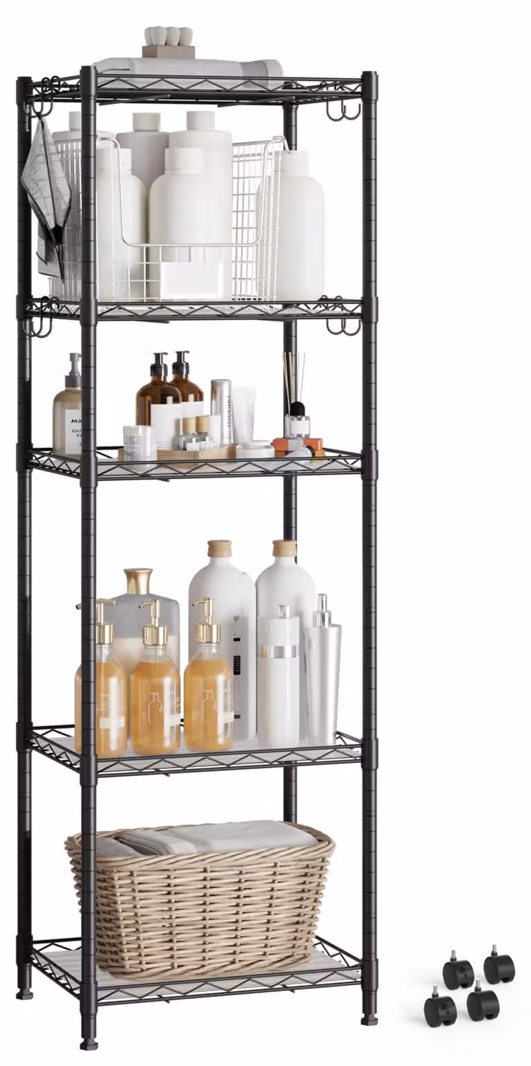 Scaffale metallico per la cucina, con 5 ripiani, 4 ruote, regolabile in altezza, dotato di 8 ganci, adatto per bagno e soggiorno