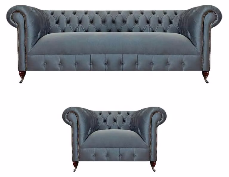 Hellgraue Polster Chesterfield Garnitur Wohnzimmer Dreisitzer Sessel