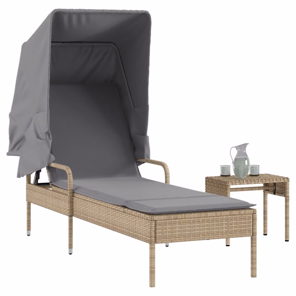 vidaXL Lettino Prendisole con Baldacchino e Tavolino in Polyrattan Beige e Grigio