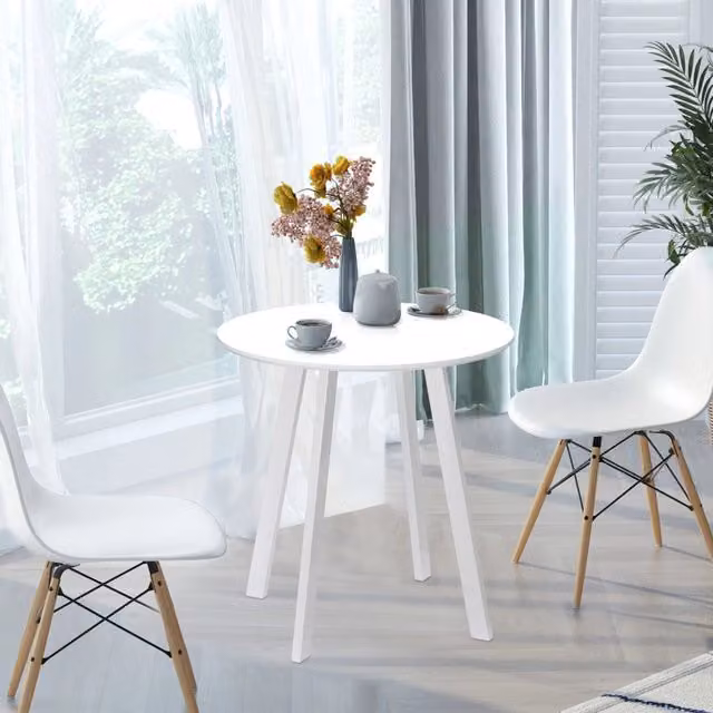 Tavolo da pranzo rotondo per 2 persone in MDF bianco lucido con gambe in metallo Ø72 × 75 cm