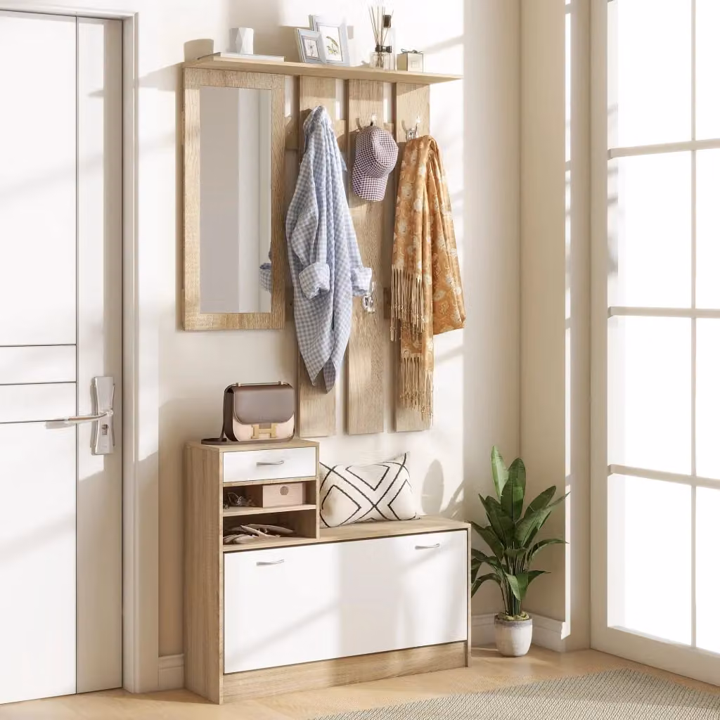 Mobile Guardaroba per Ingresso GIORDANOSHOP con Specchio, Appendiabiti e Scarpiera, Bianco e Rovere, L: 90 cm, P: 24 cm, H: 177 cm – 2