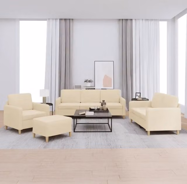 Set di divani moderno vidaXL in tessuto beige composto da divano a 3 posti, divano a 2 posti, pouf e cuscini per il tuo soggiorno – 1