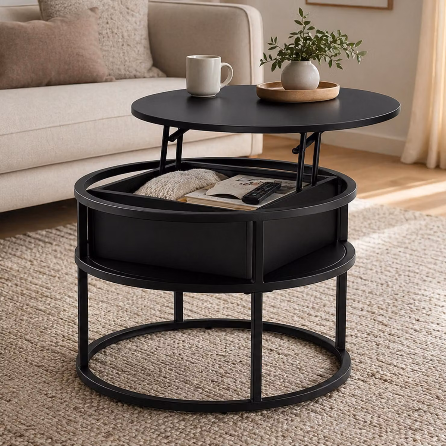Home Collective Tavolino da salotto Tavolino di servizio Ø 60 cm regolabile in altezza con vano portaoggetti Tavolino da salotto moderno | Mobili da salotto Tavolino da divano | Robusta struttura in metallo con vano integrato | Nero