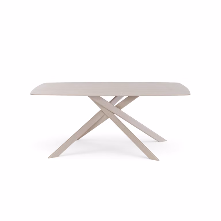 Tavolo SAINT FLORENT con piano in ceramica effetto travertino e gambe incrociate in metallo verniciato beige, 180x90x76 cm