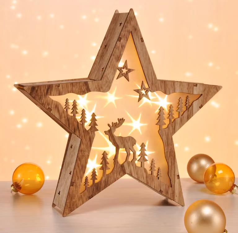Stella di Natale a LED in legno 30 cm - Renna - decorazione da tavolo bianco caldo illuminata - Stella di Natale dell'Avvento invernale decorazione da tavolo illuminazione a batteria