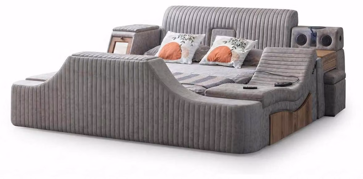 Letto multifunzionale moderno, grigio, in ecopelle, con sistema di sollevamento per la TV e impianto audio integrato
