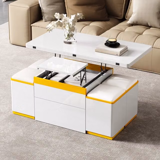 Tavolino Trasformabile in Tavolo da Pranzo con 4 Pouf; Bianco e Giallo; 100x50x43 cm