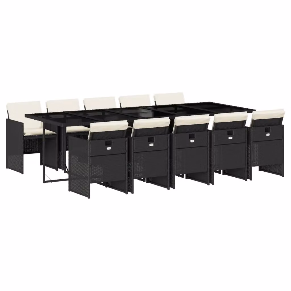 vidaXL Set da Pranzo da Giardino 11 pz in Polyrattan con Piano in Vetro e Cuscini Nero e Bianco – 2