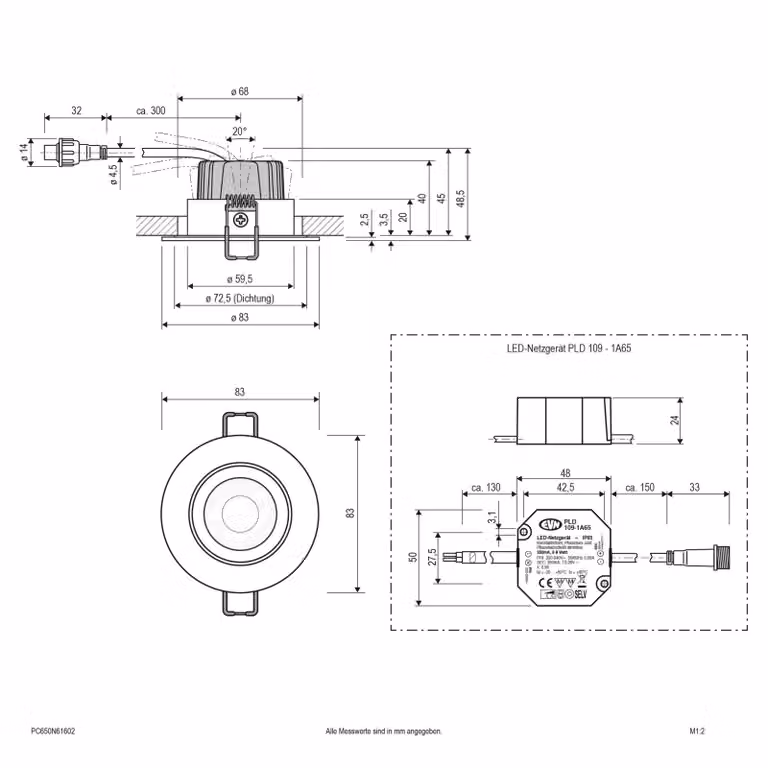 EVN PC65 luce da incasso rotonda, 3000K antracite PC65, dimmerabile, Nero, Alluminio, Moderno, Plafoniera
