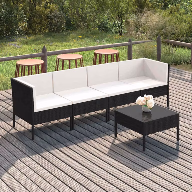 Set di divani da giardino vidaXL 5 pezzi con cuscini in rattan e struttura in metallo nero e bianco