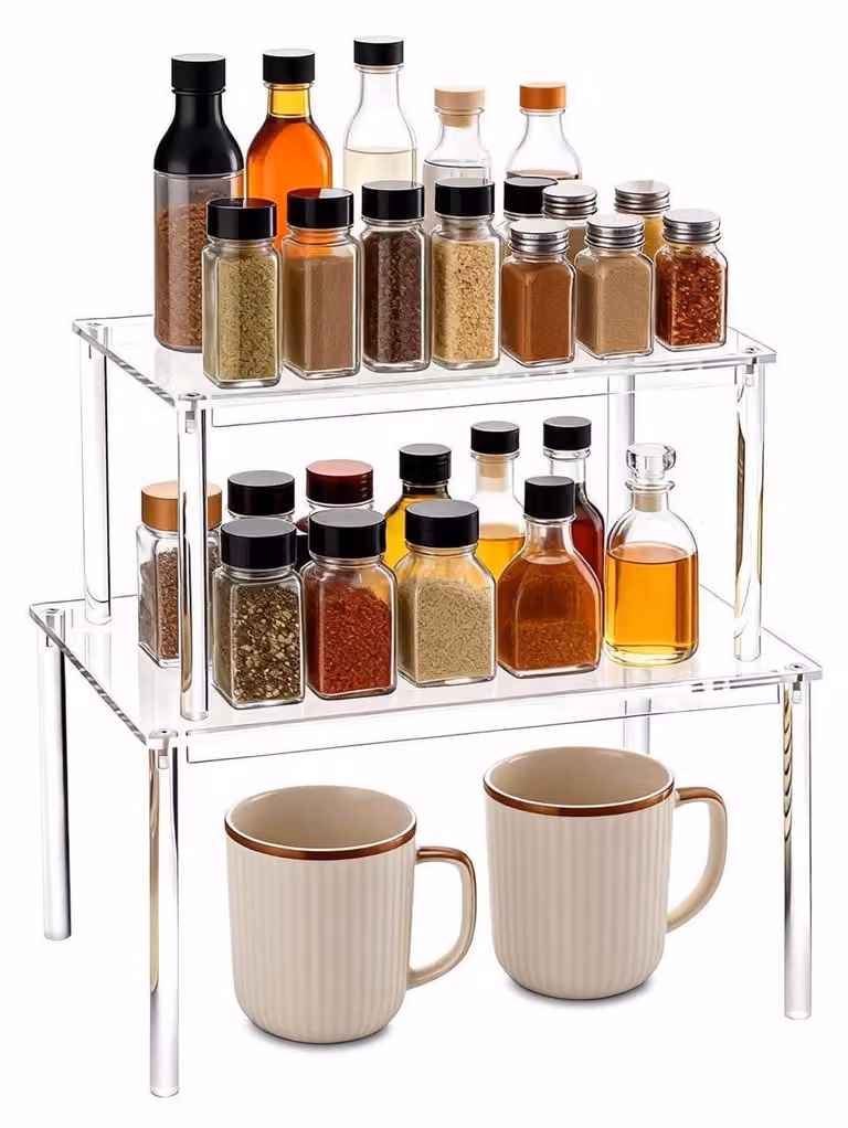 Set da 2 organizer trasparenti per spezie, adatti per armadi da cucina, realizzati in acrilico da 4 mm, robusti e impilabili