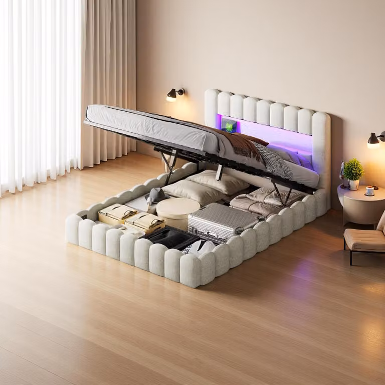 Struttura letto matrimoniale 140 x 200 cm, beige, con vano contenitore, luci LED, tessuto di lino, testiera e stazione di ricarica
