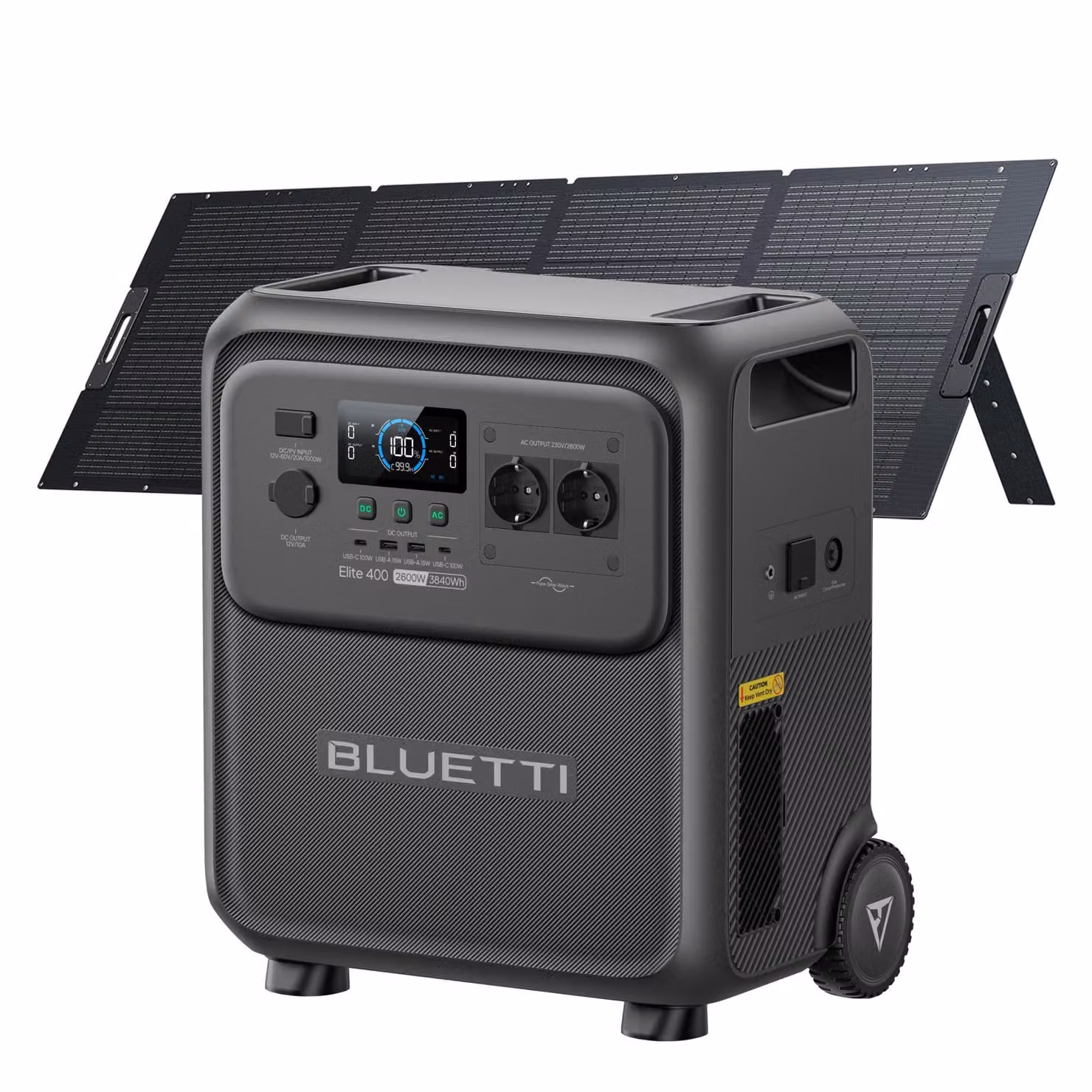 Generatore solare BLUETTI Elite 400 con pannello solare da 350 W, batteria LiFePO4 da 3840 Wh, batteria di emergenza ad alta capacità e rotelle, ideale per la casa e i camper