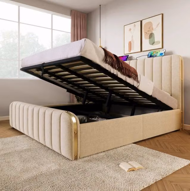 Letto matrimoniale 180x200 cm con contenitore idraulico; USB e USB-C; materasso incluso; beige