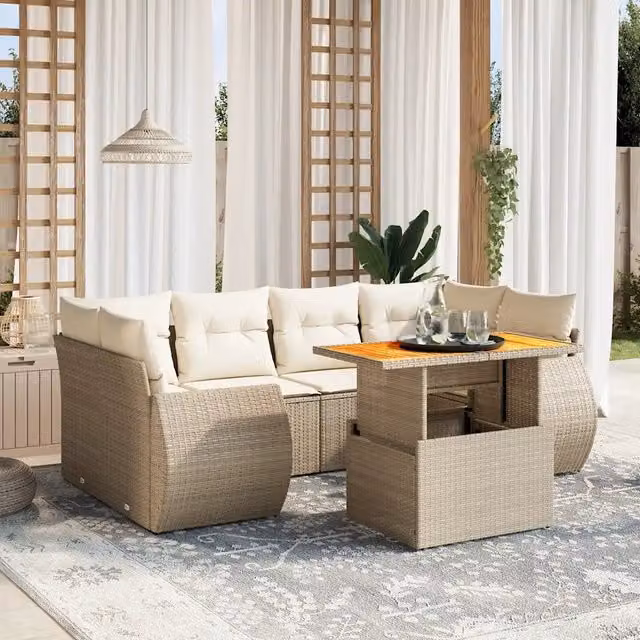 Set Divani da Giardino 7 pz con Cuscini Beige in Polyrattan 3272094