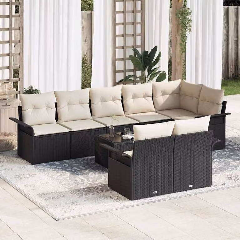 Set Divano da Giardino con cuscino 9 pcs Nero polyrattan