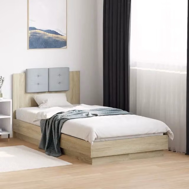 Letto singolo con testiera vidaXL in legno Rovere e tessuto beige/grigio L/P/H: 190 x 90 x 84 cm – 1