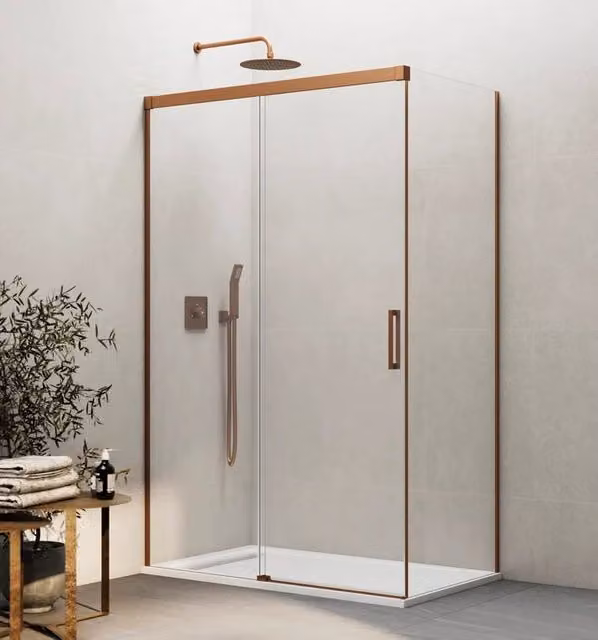Box doccia angolare BASI rettangolare con vetro trasparente e finitura rame spazzolato, L: 140 cm, P: 90 cm