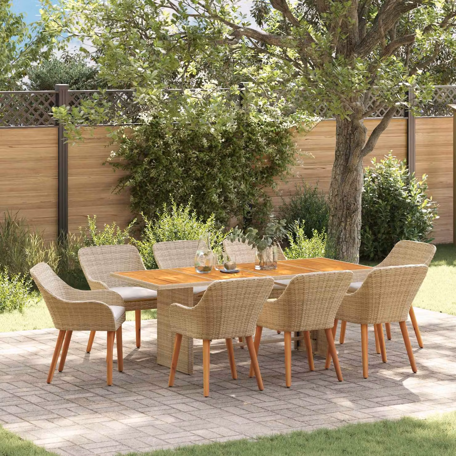 Set da Pranzo per Giardino e Terrazzo vidaXL in Polyrattan Beige, 9 Pezzi – 1