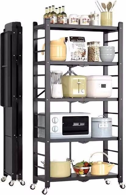 Trolley metallico pieghevole per cucina - 5 livelli - Comparto di stoccaggio per cucina - Risparmia spazio - Ruote - Nero - Nessuna installazione necessaria