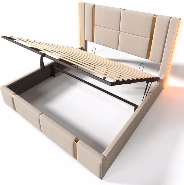 Letto matrimoniale imbottito 180x200 cm con illuminazione LED, funzione ricarica USB Type C e contenitore, struttura in lino beige con rete a doghe in legno