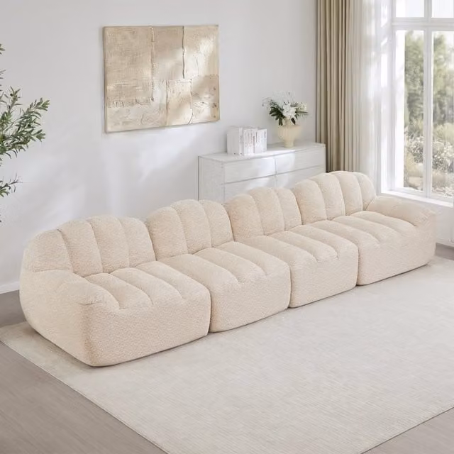 Divano angolare modulare ergonomico in fleece granulato beige bianco