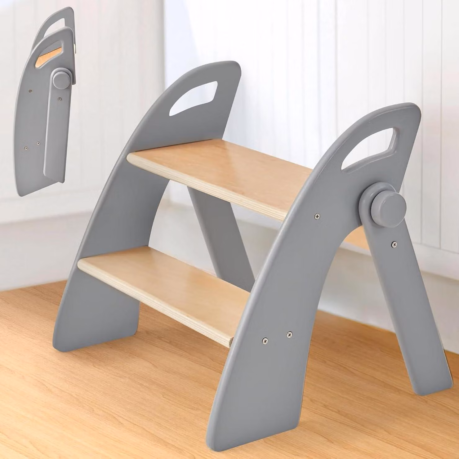 Scaletta per bambini, 2 gradini, in legno, pieghevole, con tappetino antiscivolo e maniglie, colore grigio
