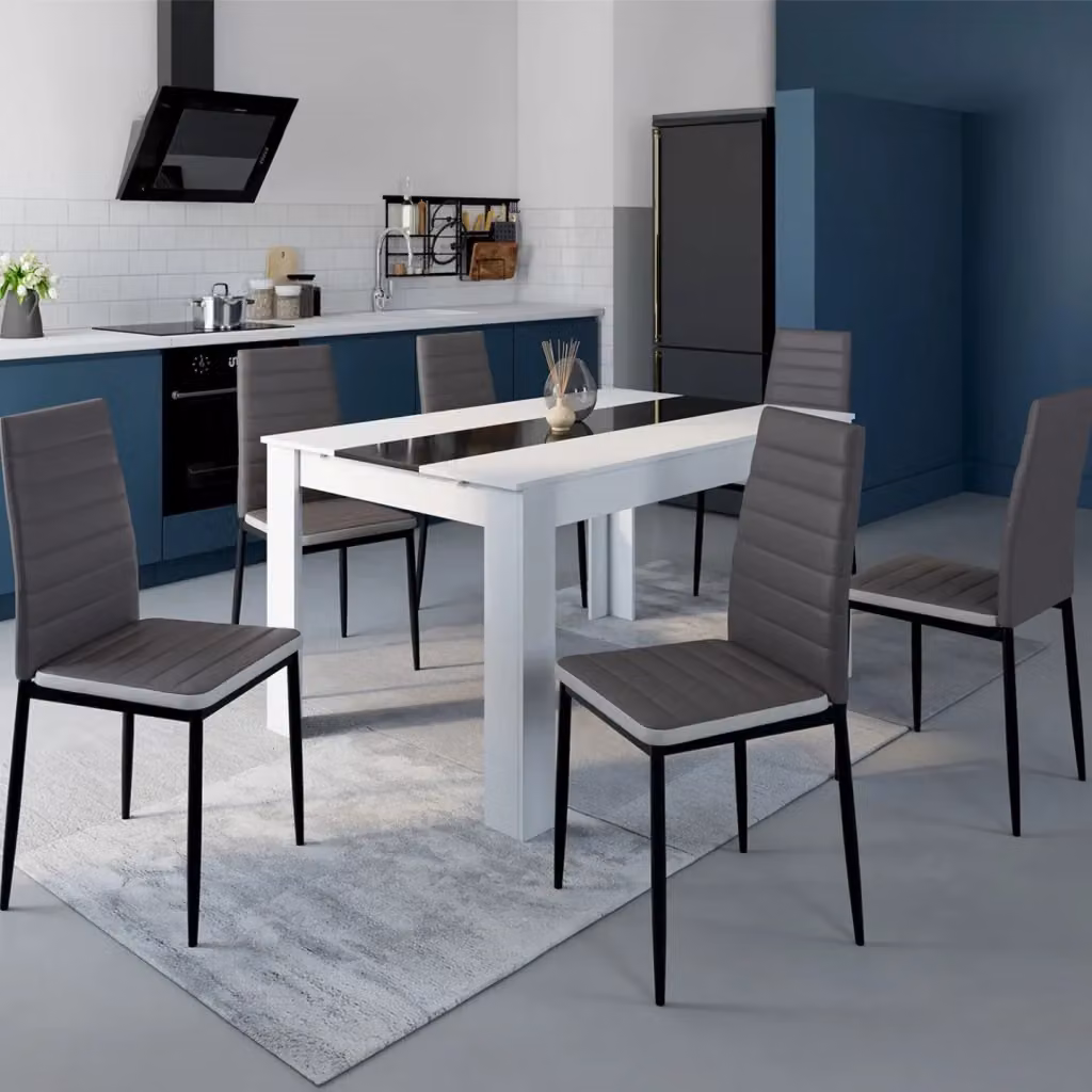 Set di 6 sedie da pranzo moderne IDMarket ROMANE in ecopelle grigia con fascia bianca e struttura in metallo – 2