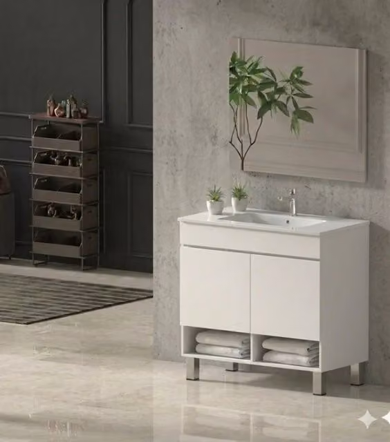 Mobile Bagno NEBARI com gambe Già Montato 2 portas, lavabo e specchio Bianco lucido 120x45 cm 1 lavabo