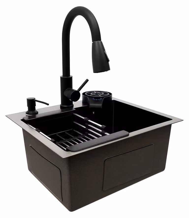 Lavello da cucina - Vasca rettangolare da 45 x 40 cm - Vasca singola - Miscelatore estraibile - Un foro per il miscelatore - Acciaio inossidabile e rame di grado 201 - Montaggio a incasso