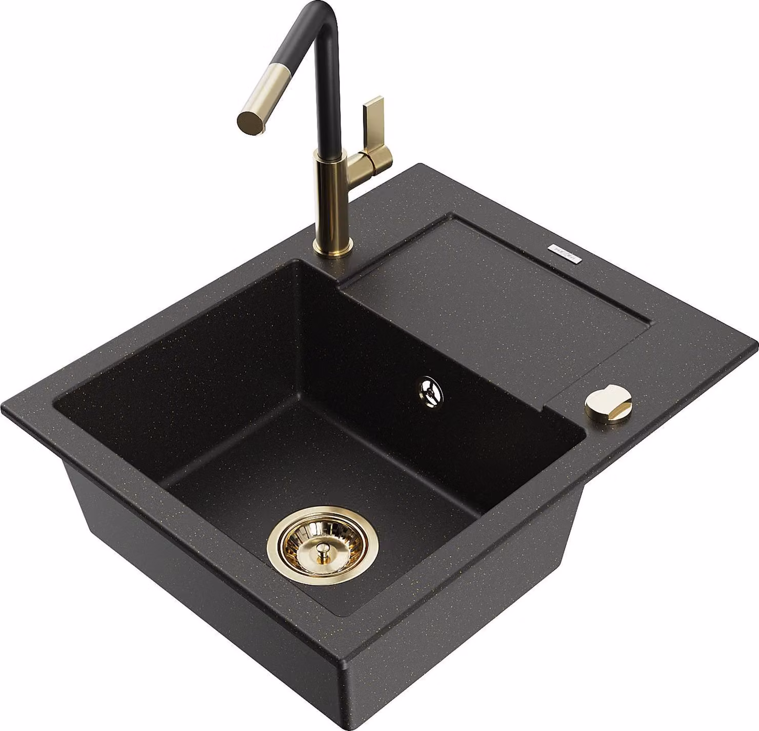 Mexen Enzo lavello in granito 1-vasca con scolapiatti e miscelatore cucina Flora, nero/oro metallizzato - 6506-75-670401-57-G