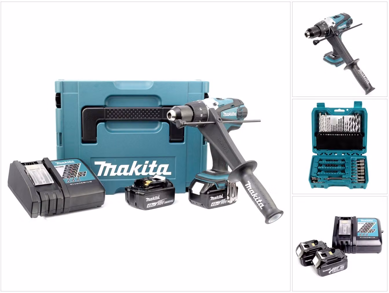 Trapano avvitatore a percussione a batteria Makita DHP 458 RMJ, 18V, 91Nm, con 2 batterie da 4,0 Ah, caricabatterie, custodia Makpac e set di 60 accessori (punte e trapani)