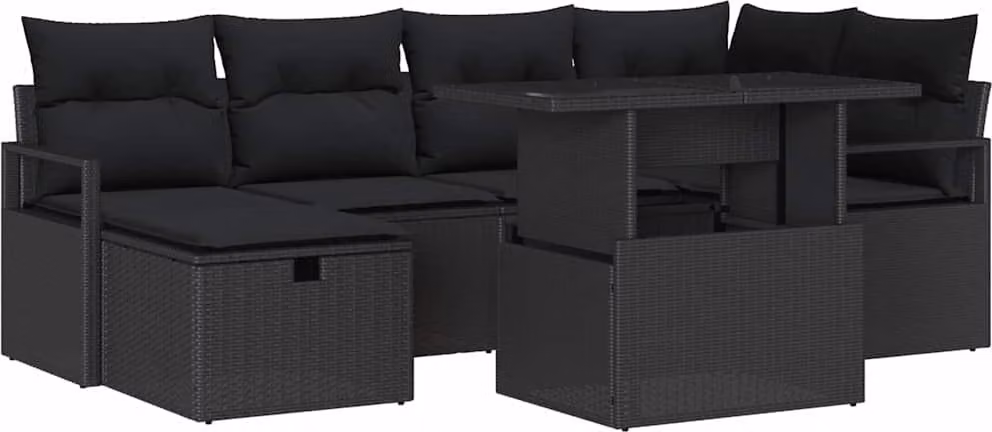Set Divano da Giardino con cuscino 7 pcs Nero Poly Rattan