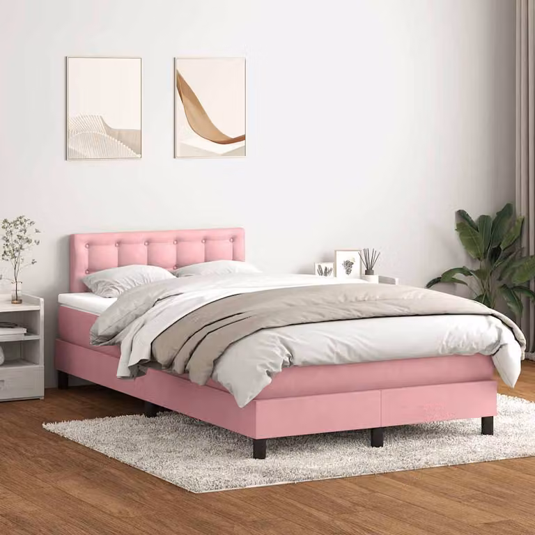 vidaXL Giroletto a Molle con Materasso Ibrido in Velluto Rosa e Bianco L: 120 cm, P: 223 cm, H: 78 cm