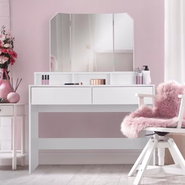ML-Design tavolo da toilette bianco, tavolo da toilette con specchio pieghevole a 3 elementi e 2 cassetti, 100x40x140 cm, tavolo cosmetico con 3 scomparti aperti