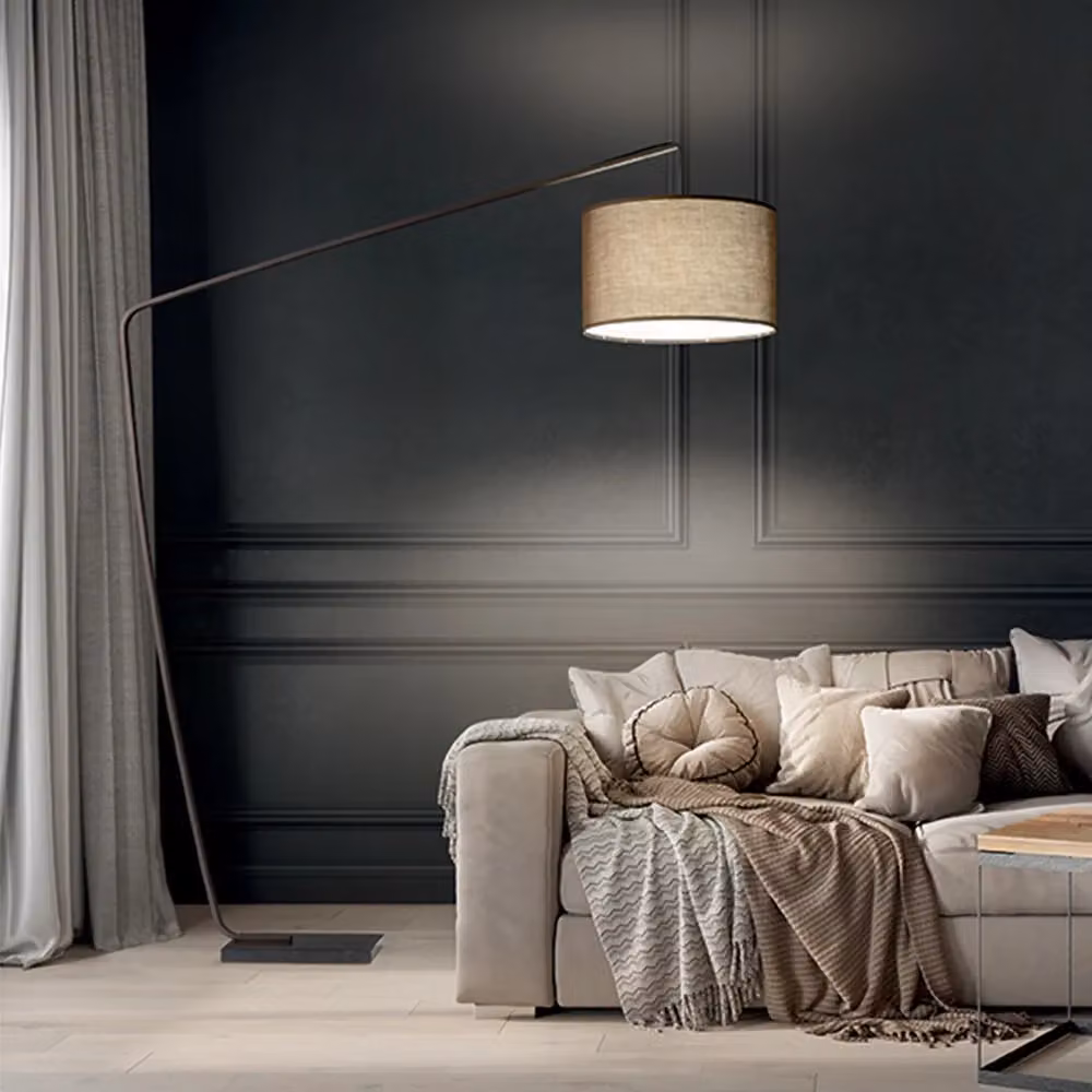 Piantana ad arco Perenz Zoe in metallo e marmo con paralume in tessuto, disponibile in nero, bronzo o beige, con attacco E27, H 185 cm, L 165 cm, P 65 cm – 2