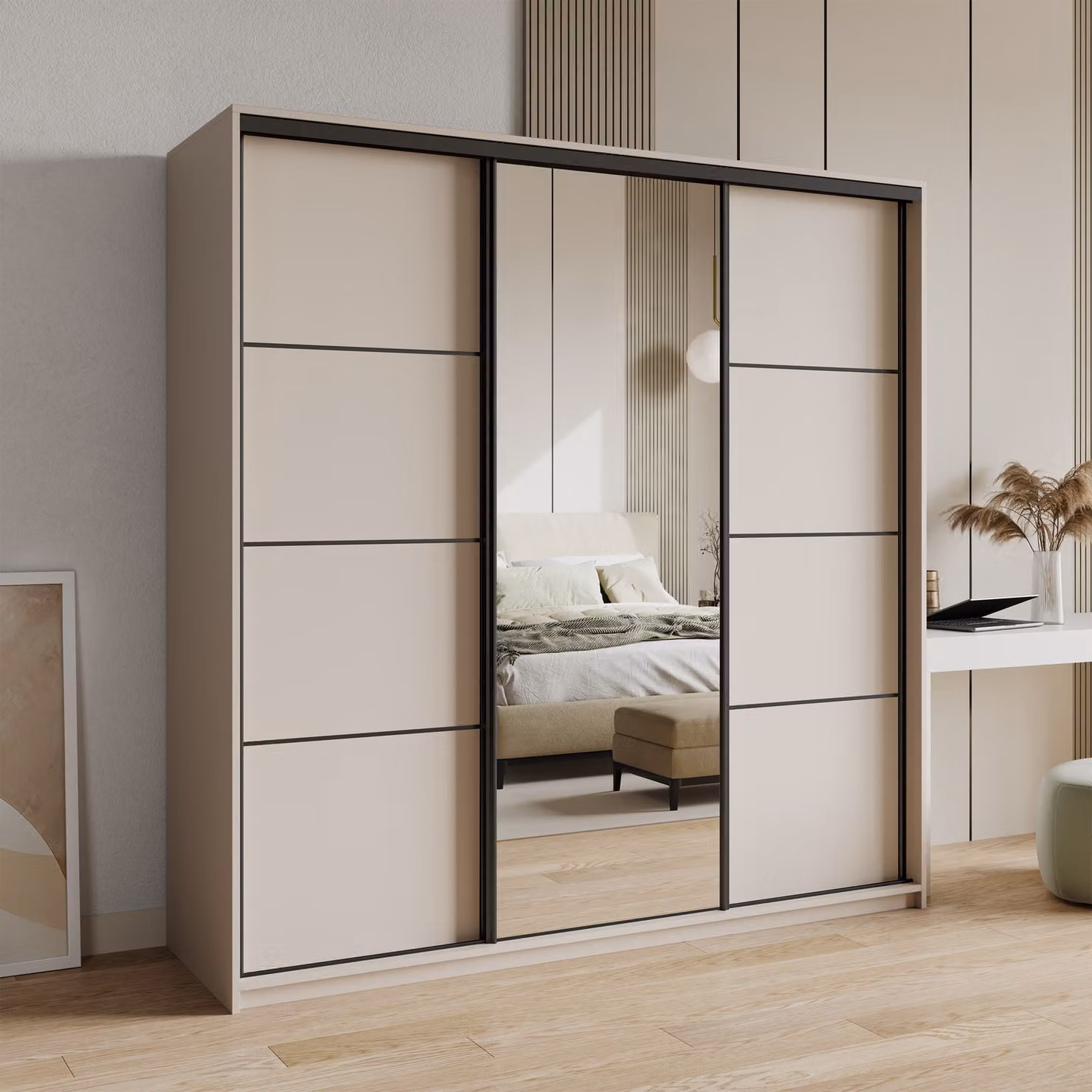 Armadio scorrevole Masseno VARO 200/205/60 cm Armadio con cassetti Armadio per camera da letto a 3 ante con specchio Cashmere + Nero