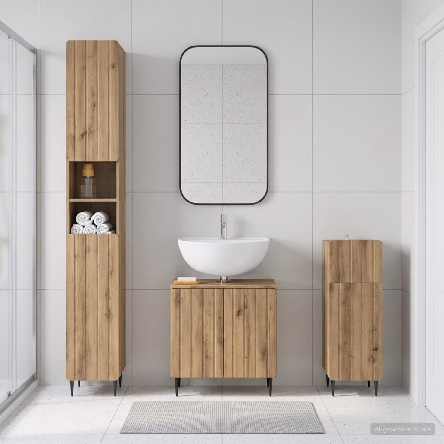 Set di 3 armadietti da bagno moderni vidaXL ZWOLLE in legno marrone con ante a cerniera e ripiani interni, L/P/H: 48.55 x 31.5 x 190.0 cm, 59.5 x 31.5 x 48.55 cm, 31.5 x 31.5 x 59.5 cm