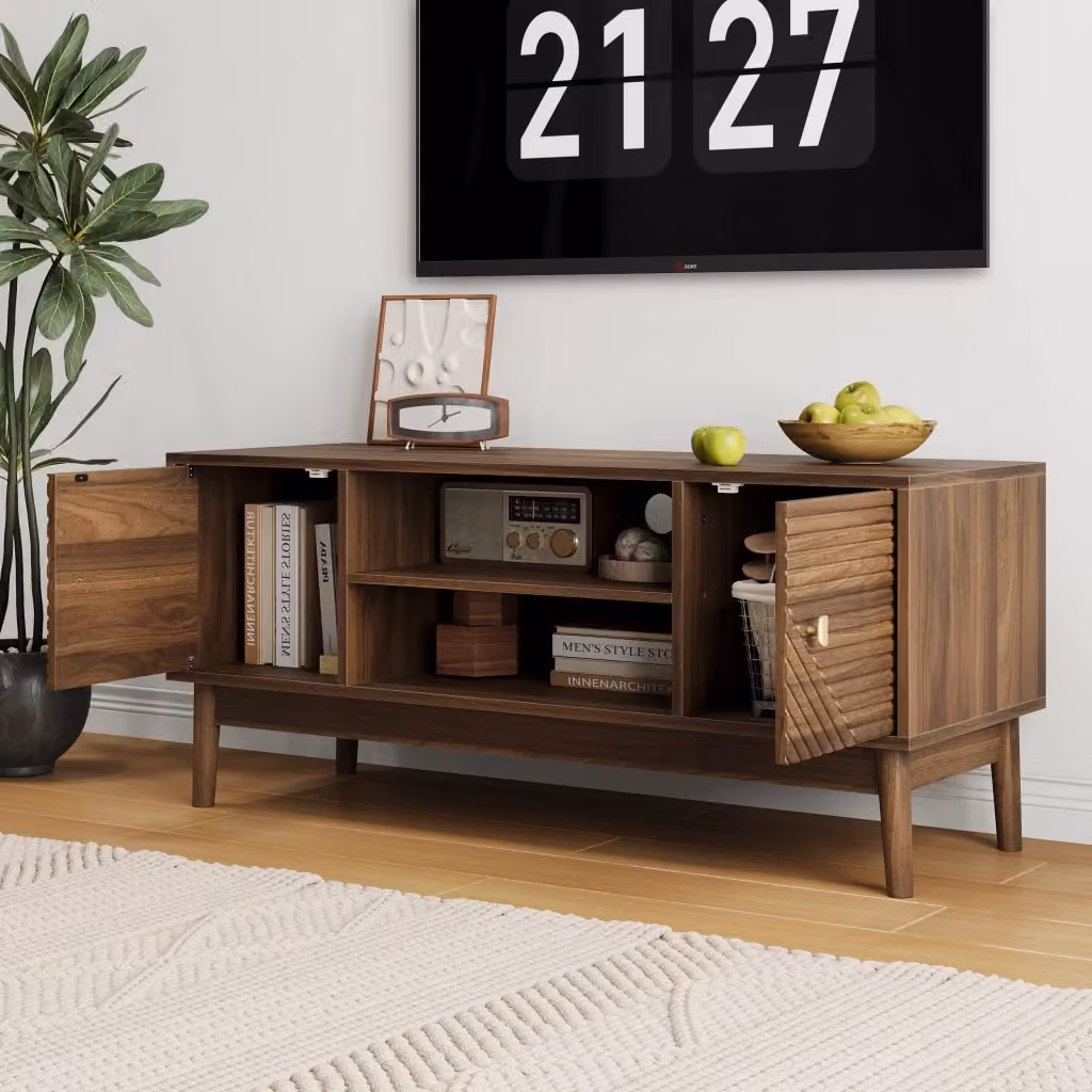 Mobile porta TV moderno OKWISH in MDF color noce con 2 ante, vani aperti e passacavi, ideale per soggiorno e camera da letto, L: 110 cm, P: 40 cm, H: 48 cm – 2